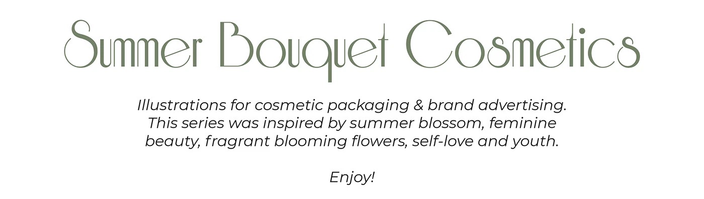 Cosmetics packaging illustration featuring summer blossom and floral motifs