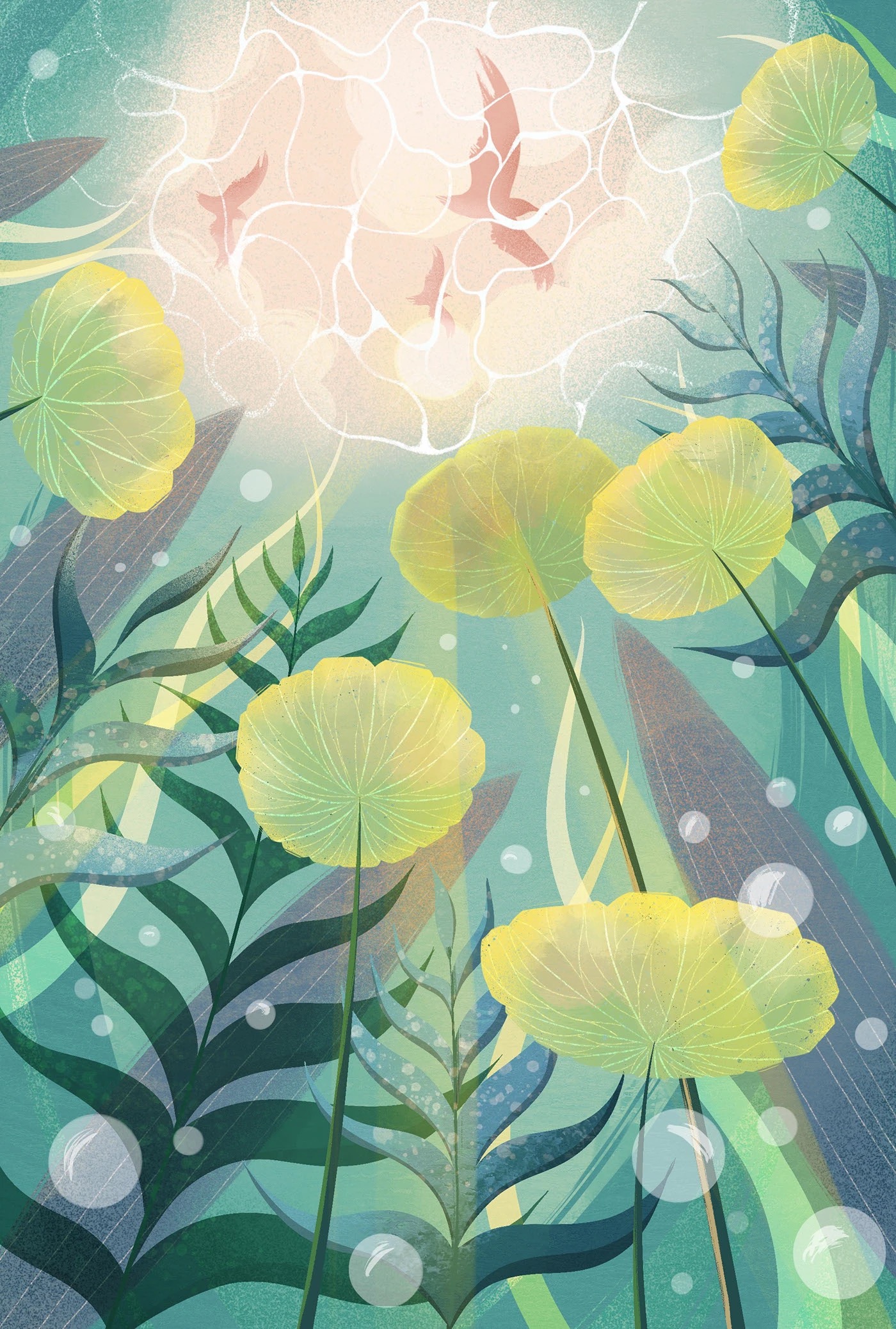 Whimsical scene with the mouse and sea creatures