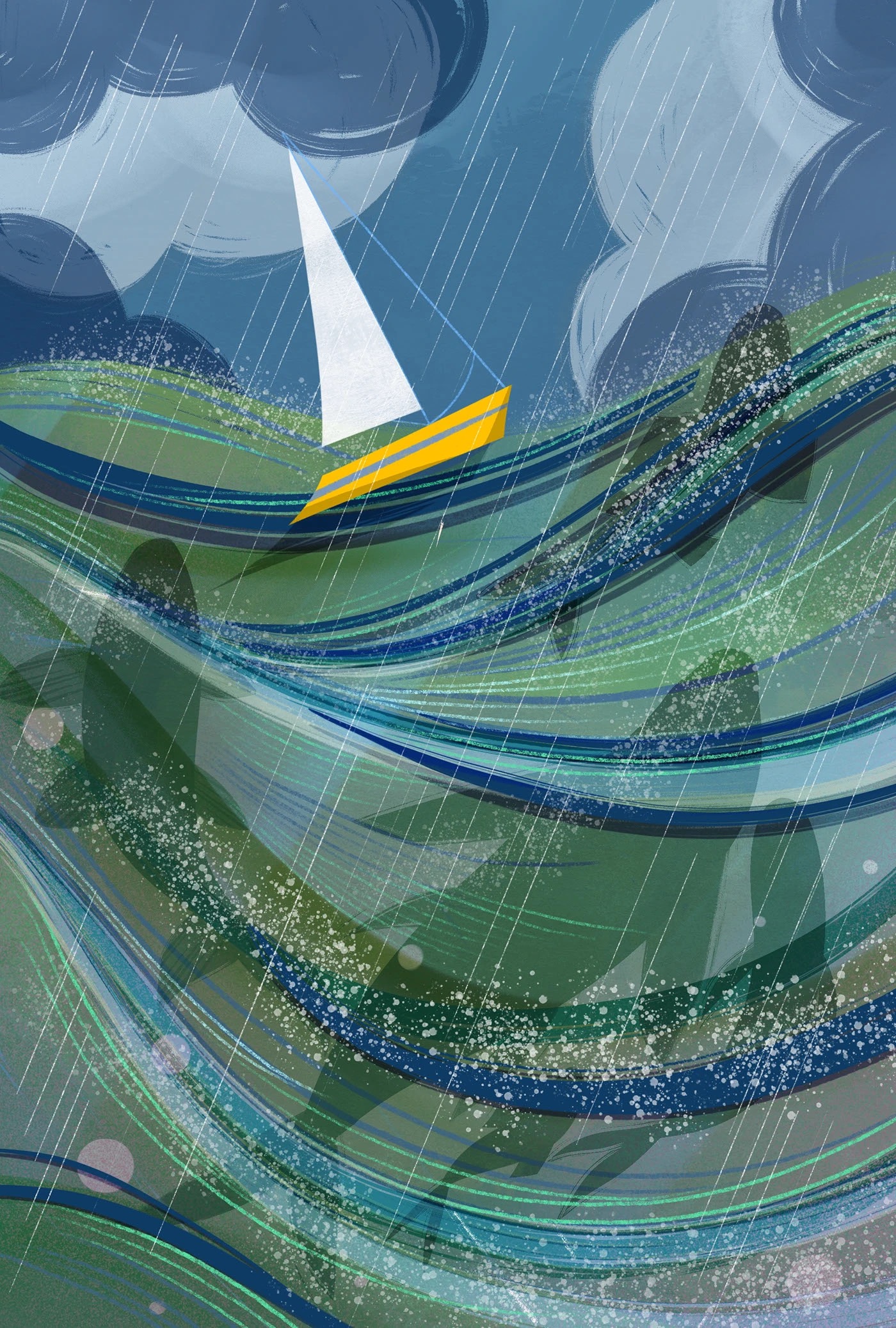 Dreamlike illustration of the mouse among sky and sea inhabitants