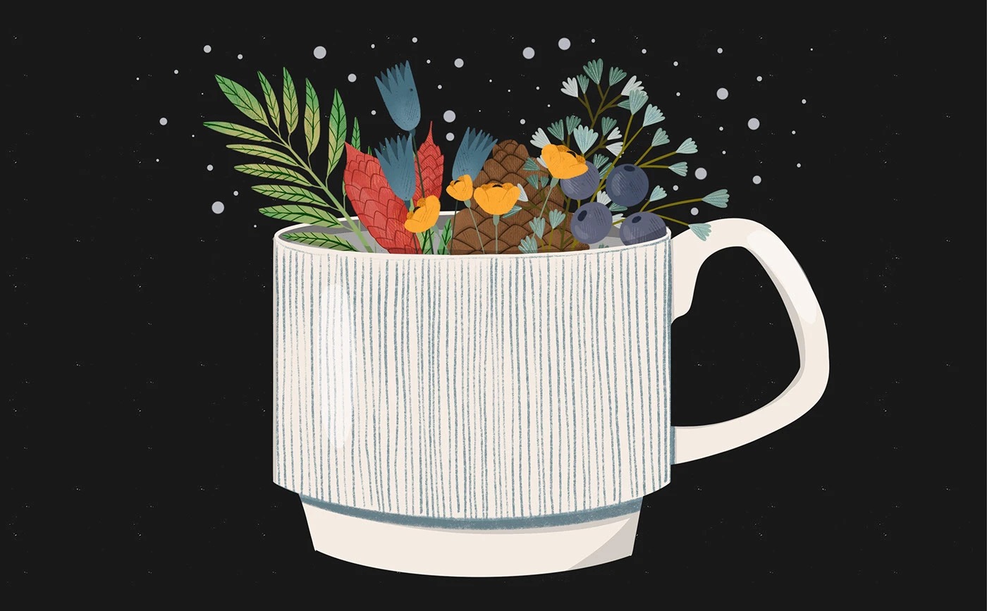 Tea packaging detail with flora and fauna